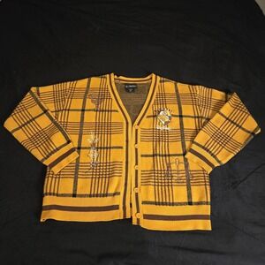 Harry Potter Cardigan Sweater Mens Medium Yellow Hufflepuff Plaid Knit V-Neck
